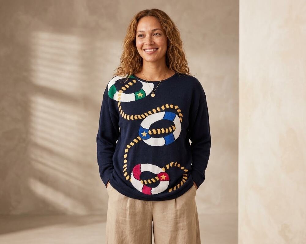 Talbots vintage navy blue nautical pullover cotton blend soft sweater medium